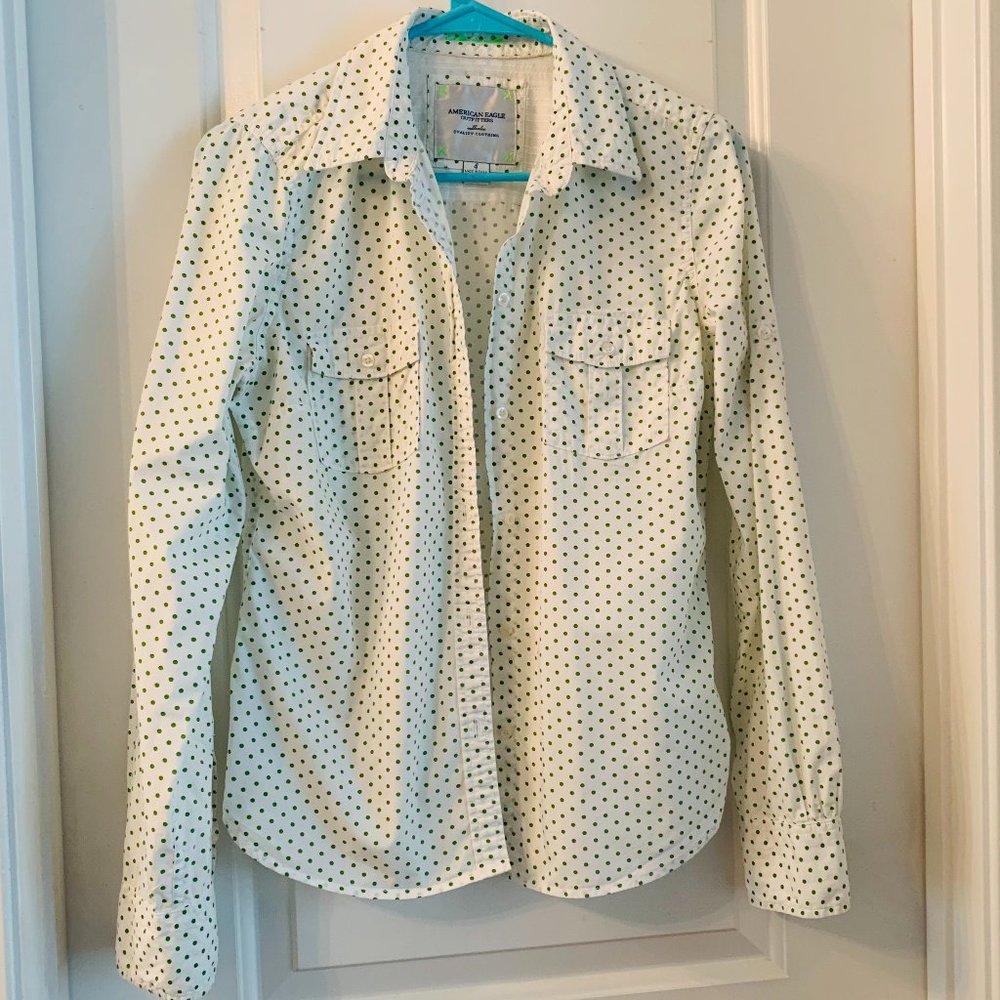 American Eagle Green Polka Dot Button Down Shirt